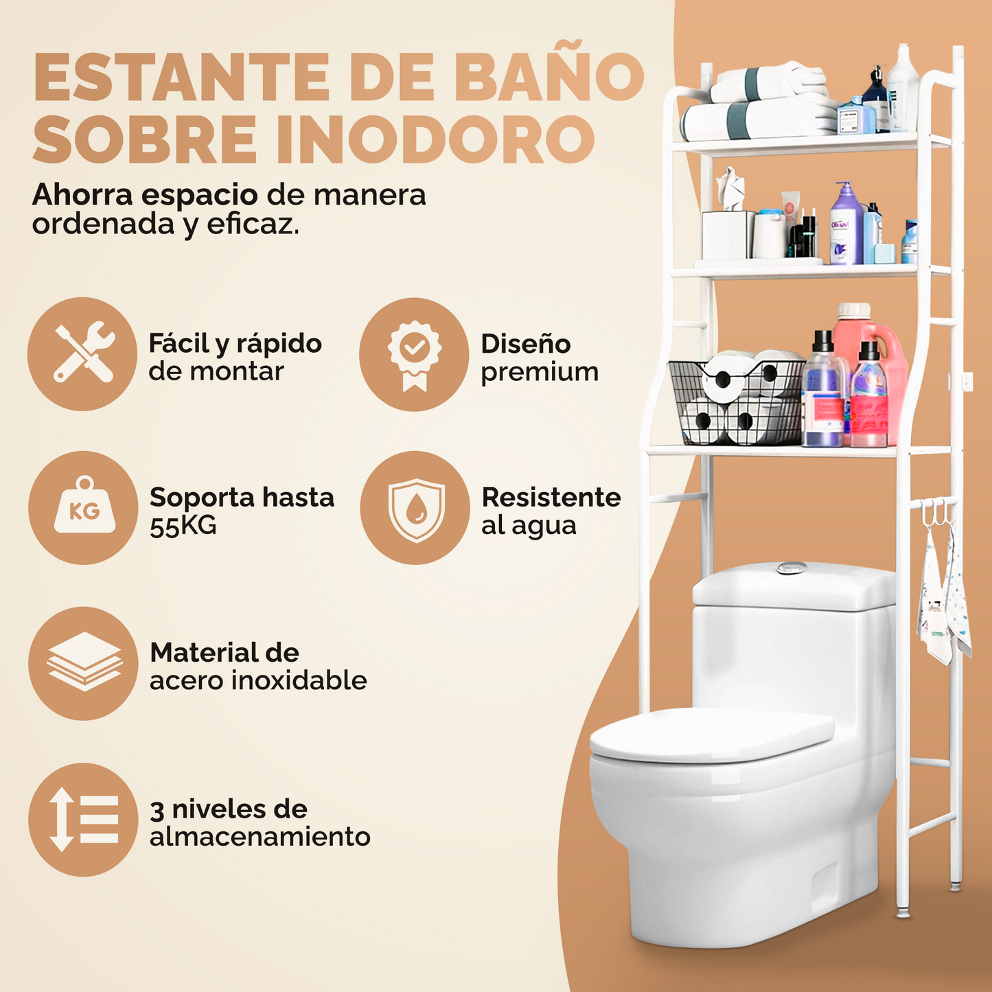 Sturdy Over-Toilet 3-Tier Stainless Steel Shelf – White & Black