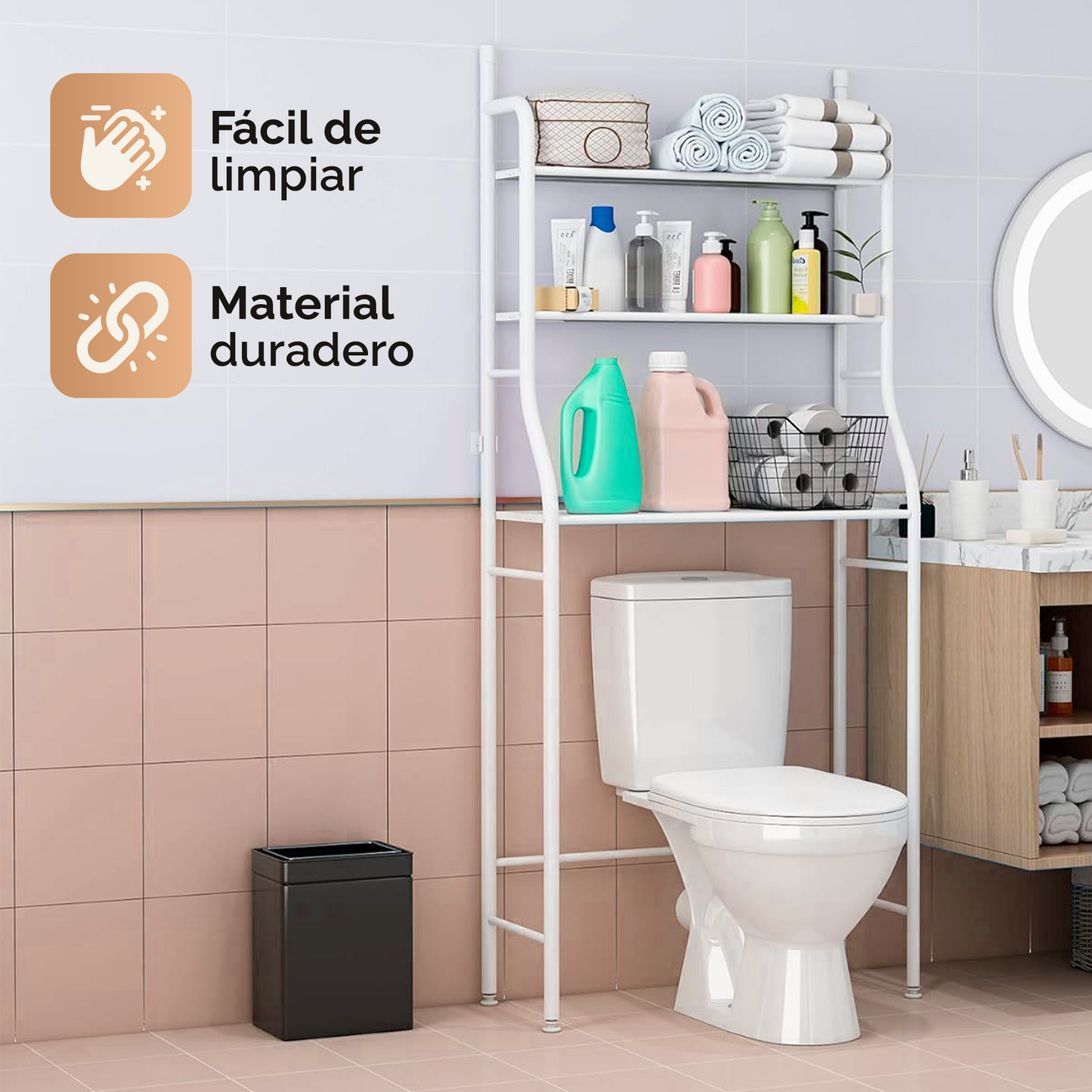 Sturdy Over-Toilet 3-Tier Stainless Steel Shelf – White & Black