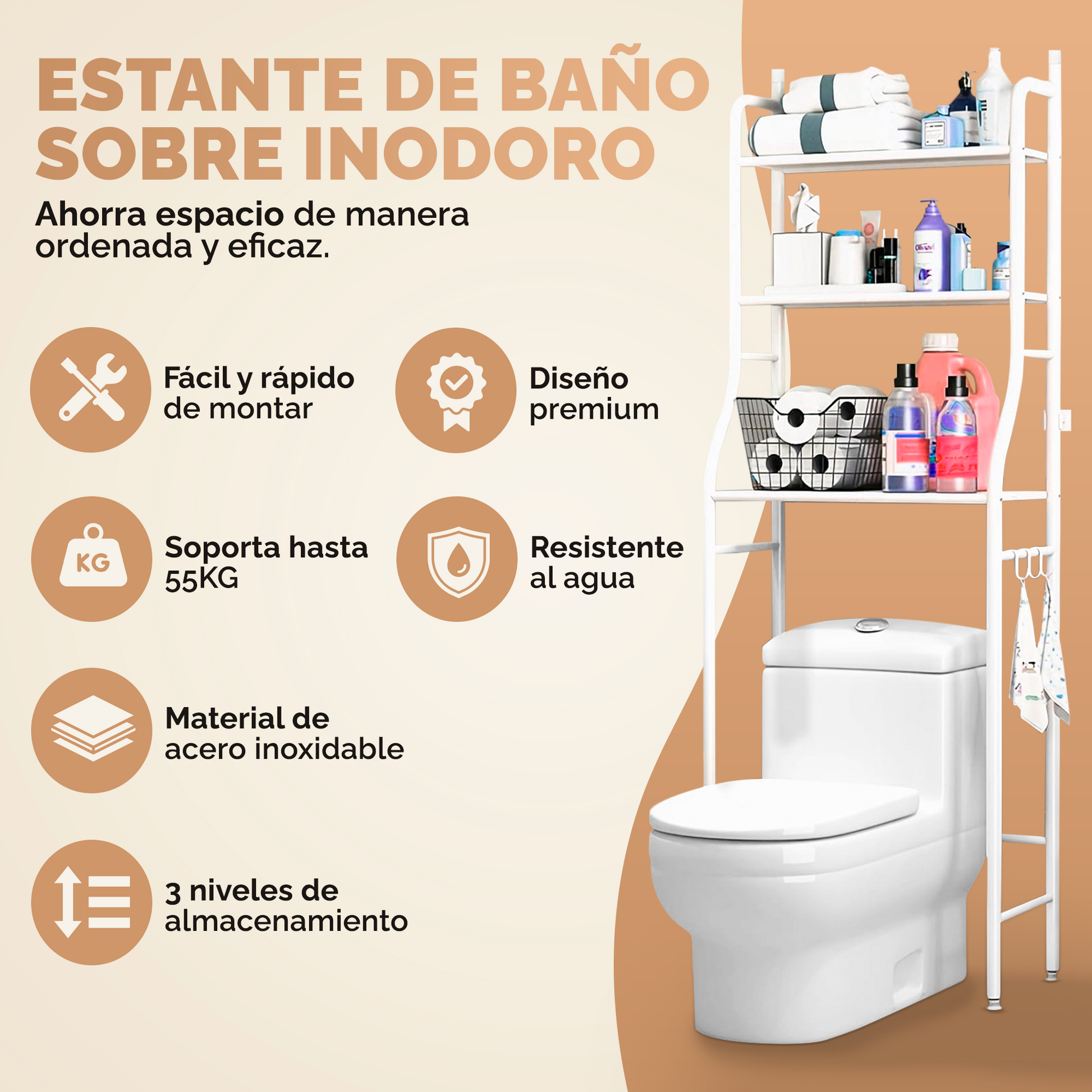 Sturdy Over-Toilet 3-Tier Stainless Steel Shelf – White & Black